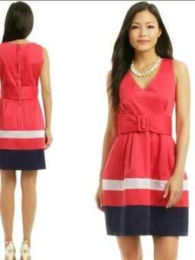 Kate Spade Dress - Sawyer V-neck belted dress in pink, white, and navy